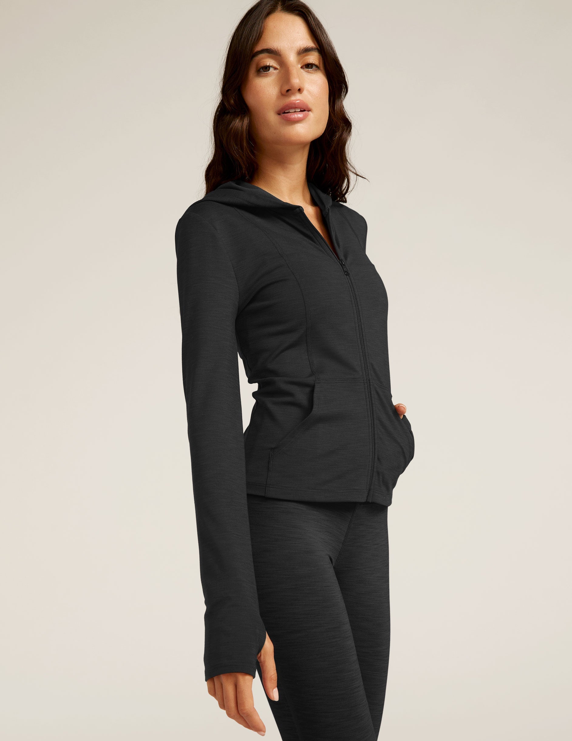 Heather Rib Morning Jog Hoodie: Women's Full-Zip Activewear Jacket with Thumbholes