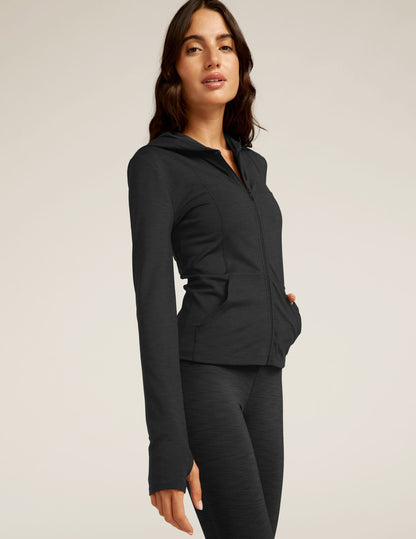 Heather Rib Morning Jog Hoodie: Women's Full-Zip Activewear Jacket with Thumbholes