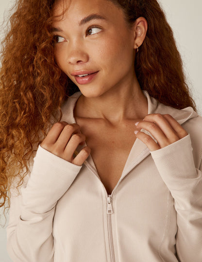 Cozy Heather Ribbed Zip-Up Hoodie: Thumbholes, Pockets, Slim Fit Comfort
