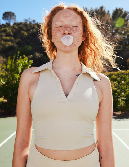 Soft Heather Rib V-Neck Collared Cropped Tank Top for Activewear