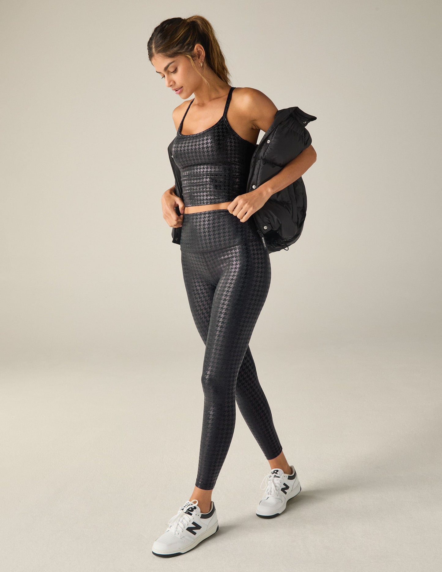 Stylish Houndstooth Black Slim Racerback High Cropped Tank Top with Built-in Bra