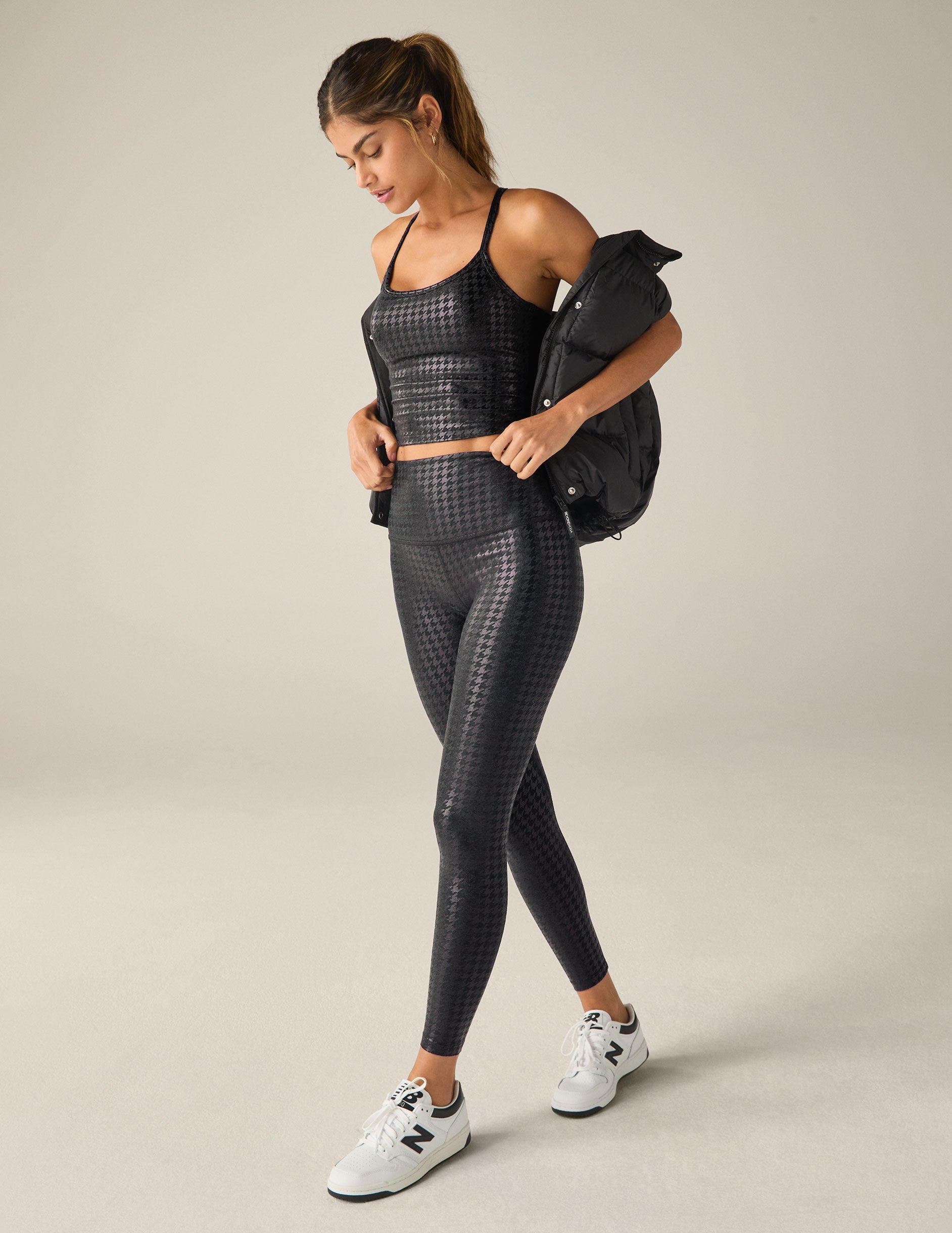 Stylish Houndstooth Black Slim Racerback High Cropped Tank Top with Built-in Bra