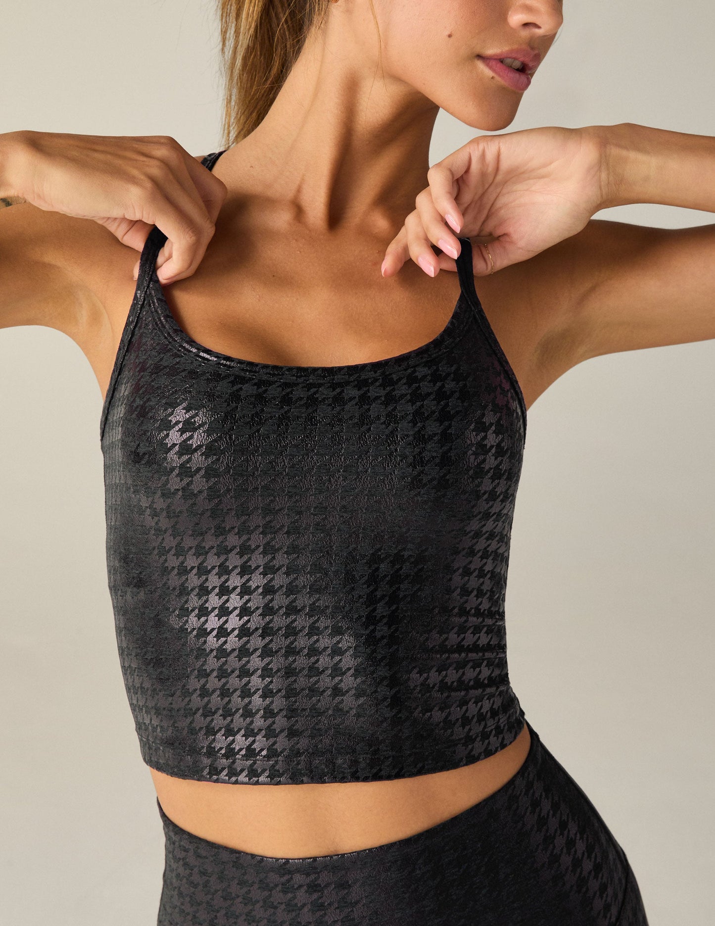 Stylish Houndstooth Black Slim Racerback High Cropped Tank Top with Built-in Bra