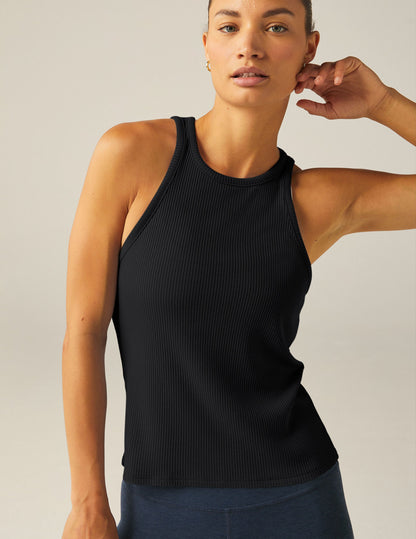 Beyond Yoga Black Ribbed Formation Tank: High Neck, Slim Fit, Flattering Silhouette Essential Top