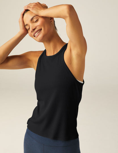 Beyond Yoga Black Ribbed Formation Tank: High Neck, Slim Fit, Flattering Silhouette Essential Top