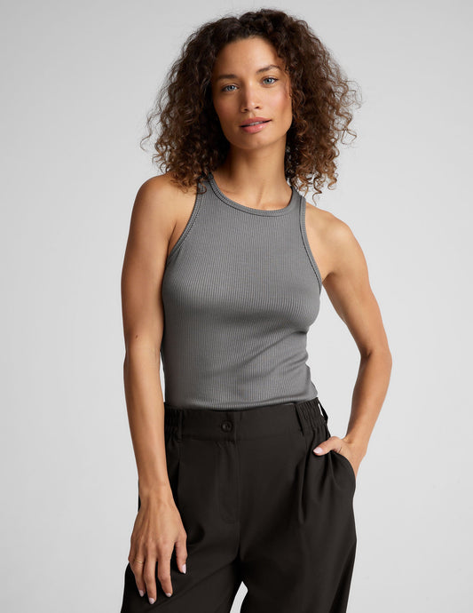 Women's Ribbed Formation Tank Top: Slim Fit, Crew Neck, Stone Gray