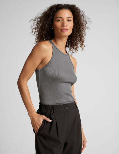 Women's Ribbed Formation Tank Top: Slim Fit, Crew Neck, Stone Gray