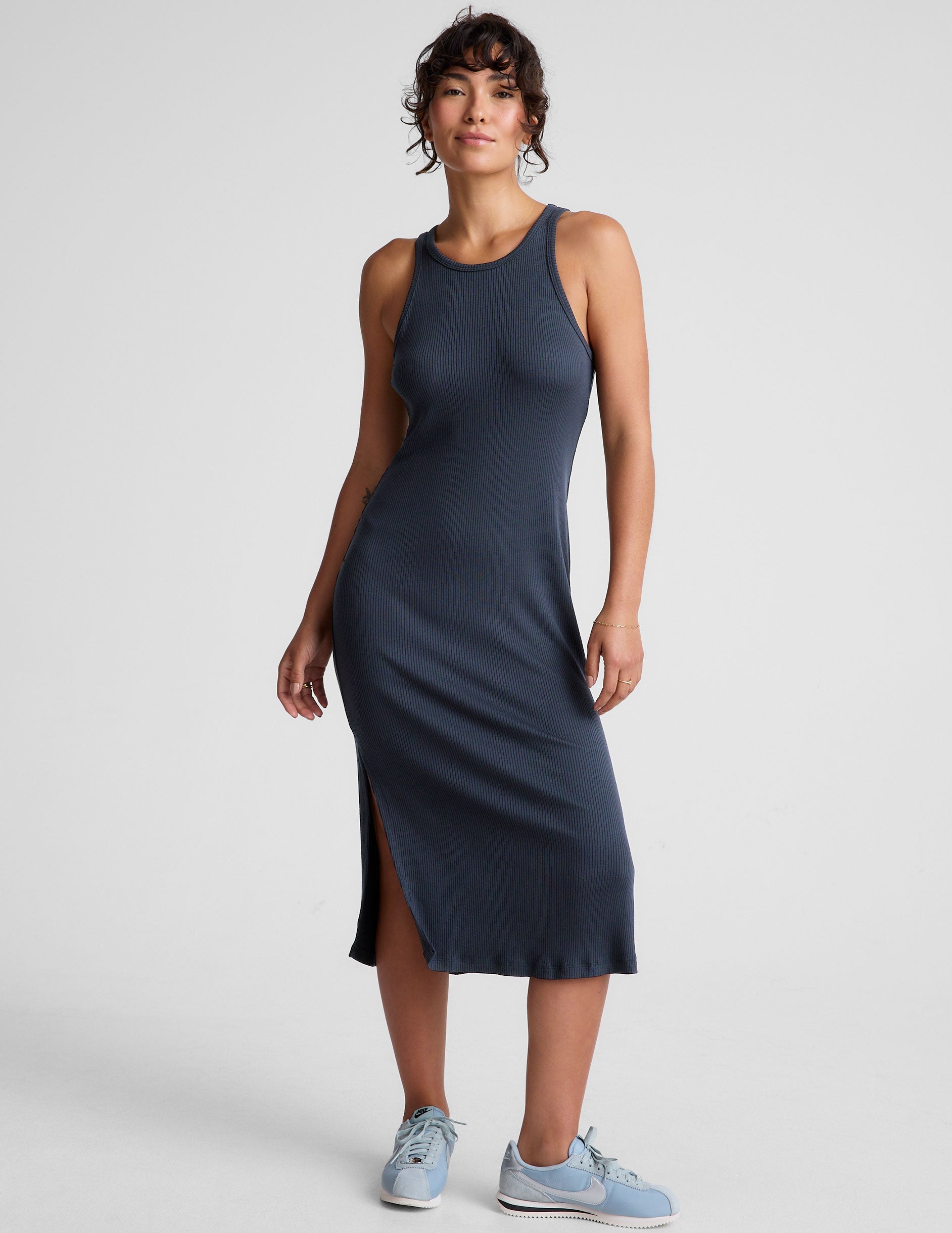 Effortless Ribbed Midi Tank Dress: Body-Skimming, Flattering, Side Slit Comfort