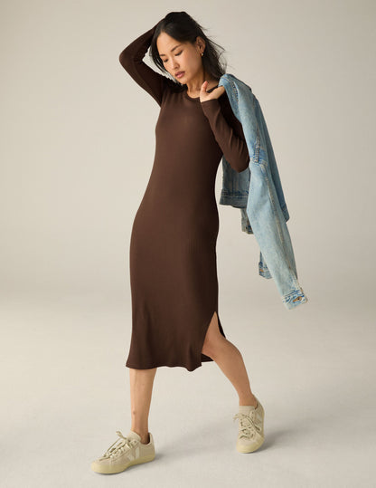 Stylish Ribbed Long Sleeve Midi Dress - Comfortable Form-Fitting Design