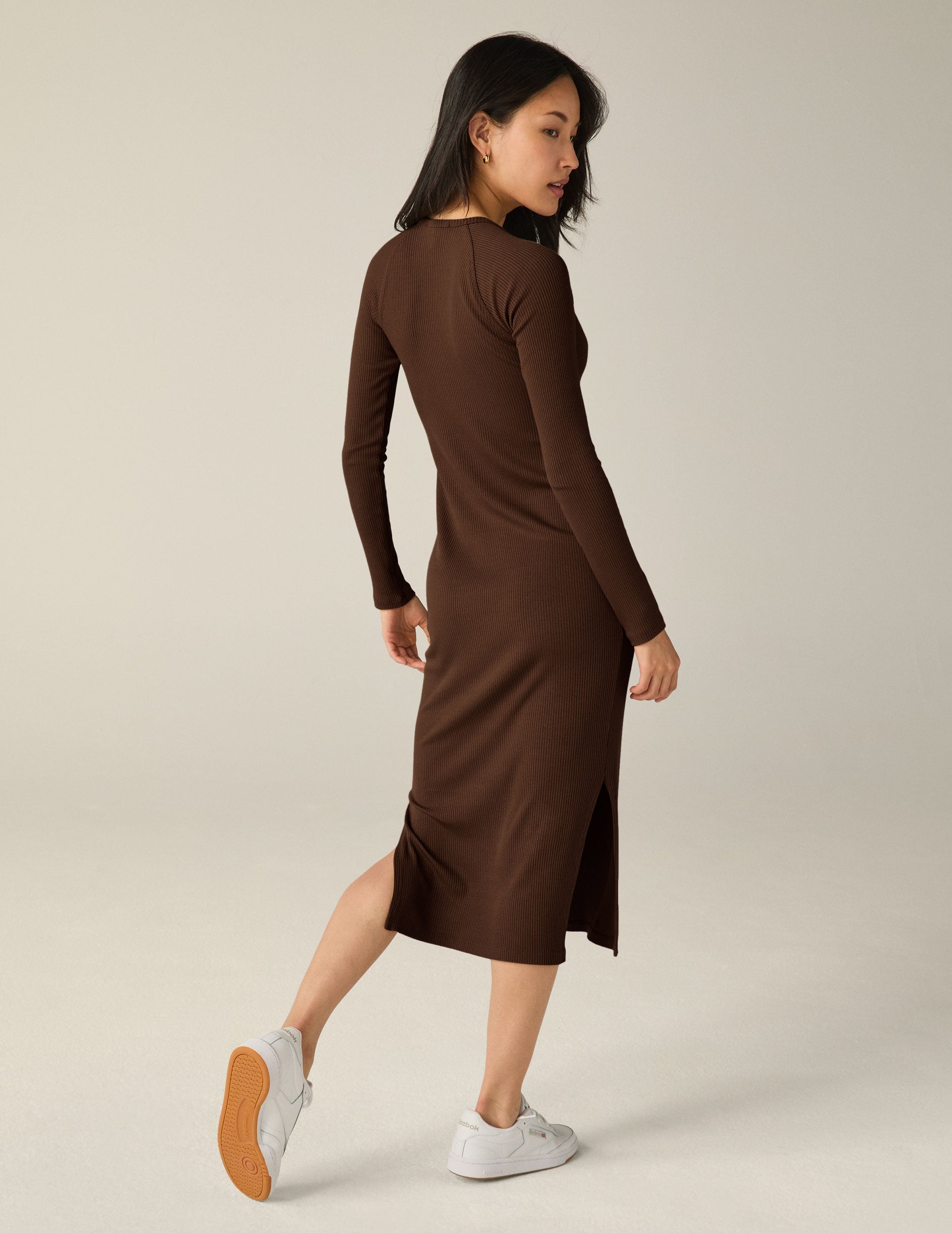 Stylish Ribbed Long Sleeve Midi Dress - Comfortable Form-Fitting Design