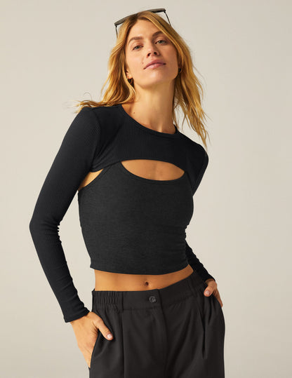 Elegant Ribbed Long Sleeve Shrug for Women, Versatile Layering Top