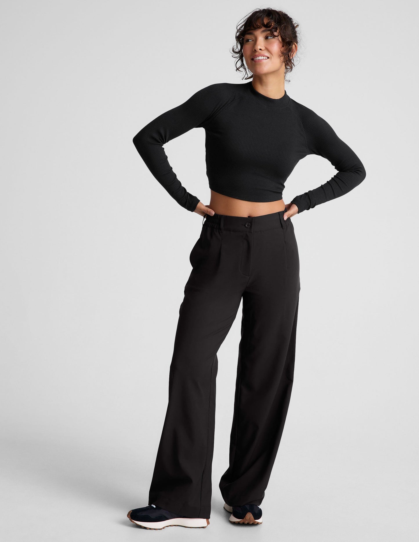 Chic Contours Mock Neck Cropped Top: Ribbed, Long Sleeve, Fitted, Black