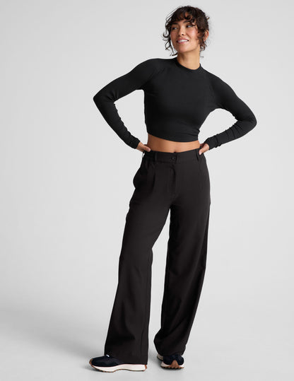 Chic Contours Mock Neck Cropped Top: Ribbed, Long Sleeve, Fitted, Black