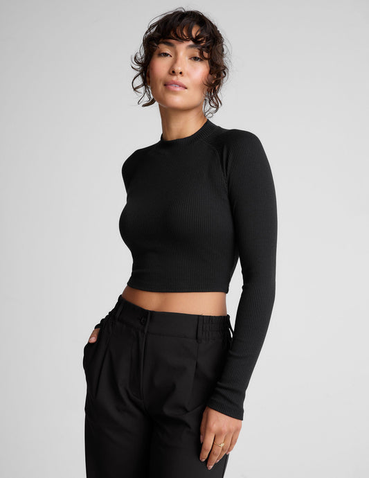 Chic Contours Mock Neck Cropped Top: Ribbed, Long Sleeve, Fitted, Black