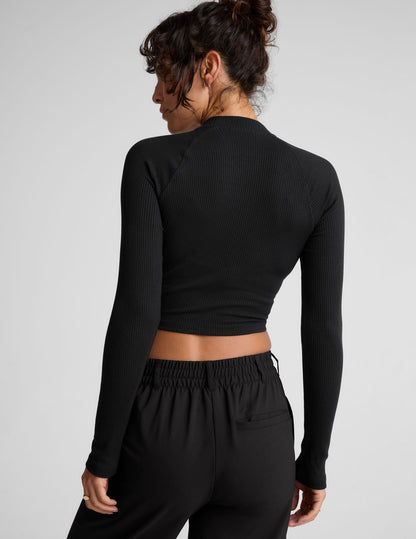 Chic Contours Mock Neck Cropped Top: Ribbed, Long Sleeve, Fitted, Black