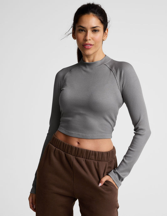 Beyond Yoga Contours Sculpting Ribbed Mock Neck Cropped Long Sleeve Top