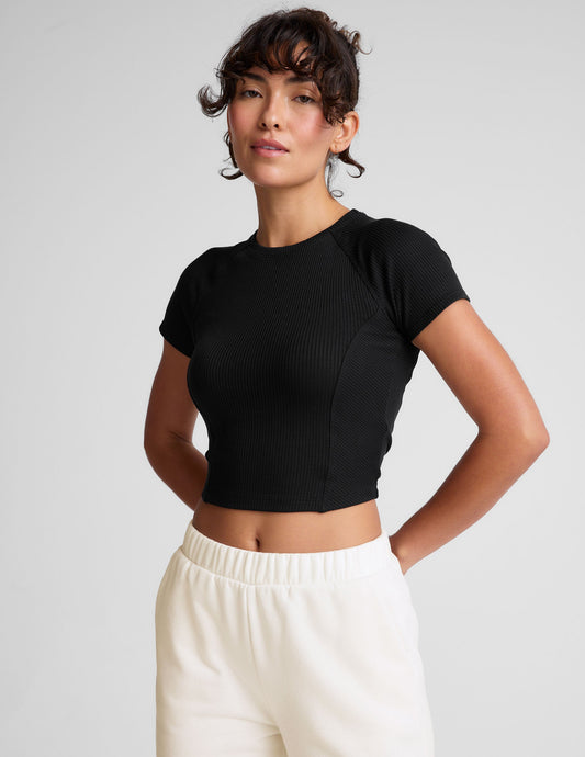 Soft Ribbed Cropped Tee: High Neck, Fitted, Flattering Black Top