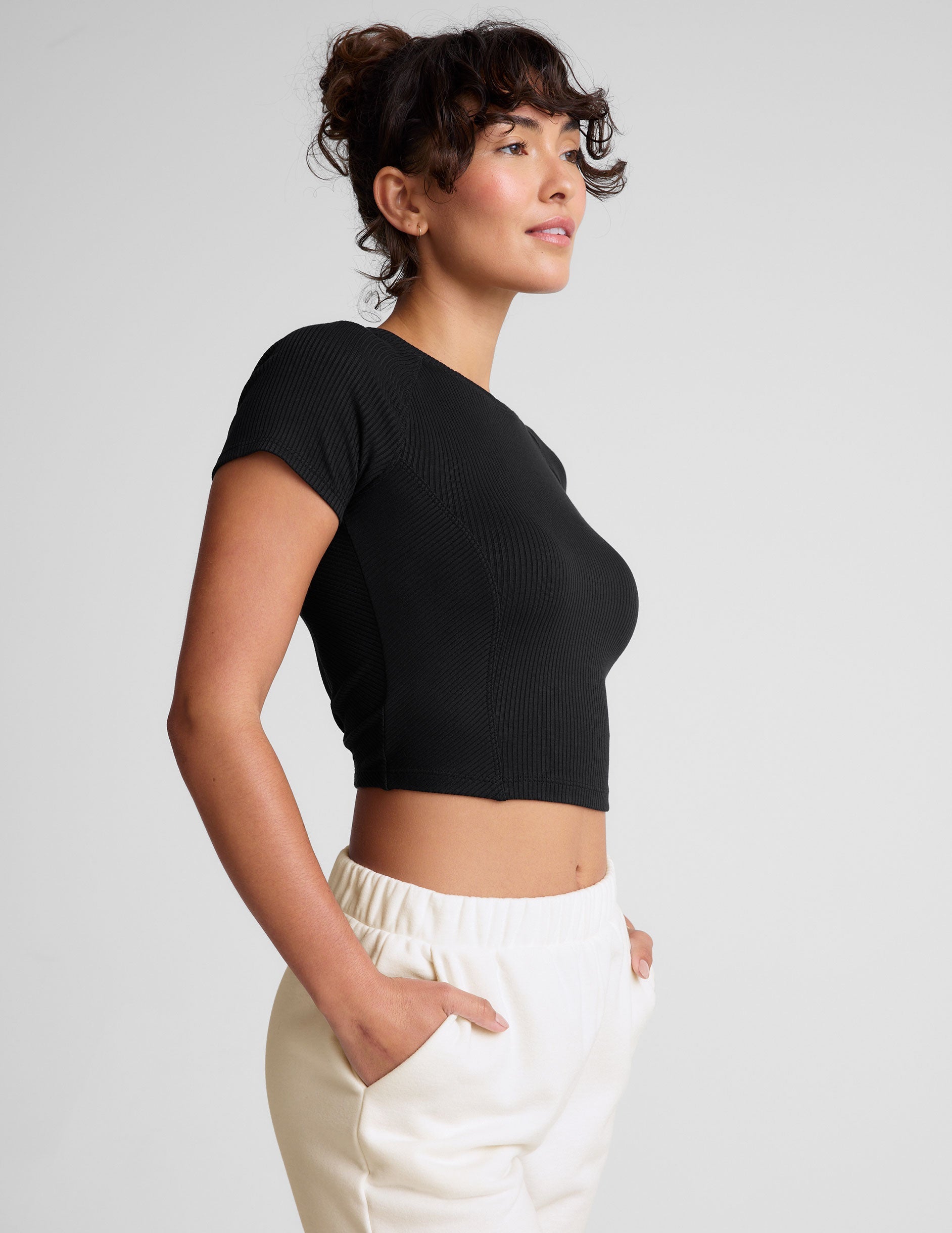 Soft Ribbed Cropped Tee: High Neck, Fitted, Flattering Black Top
