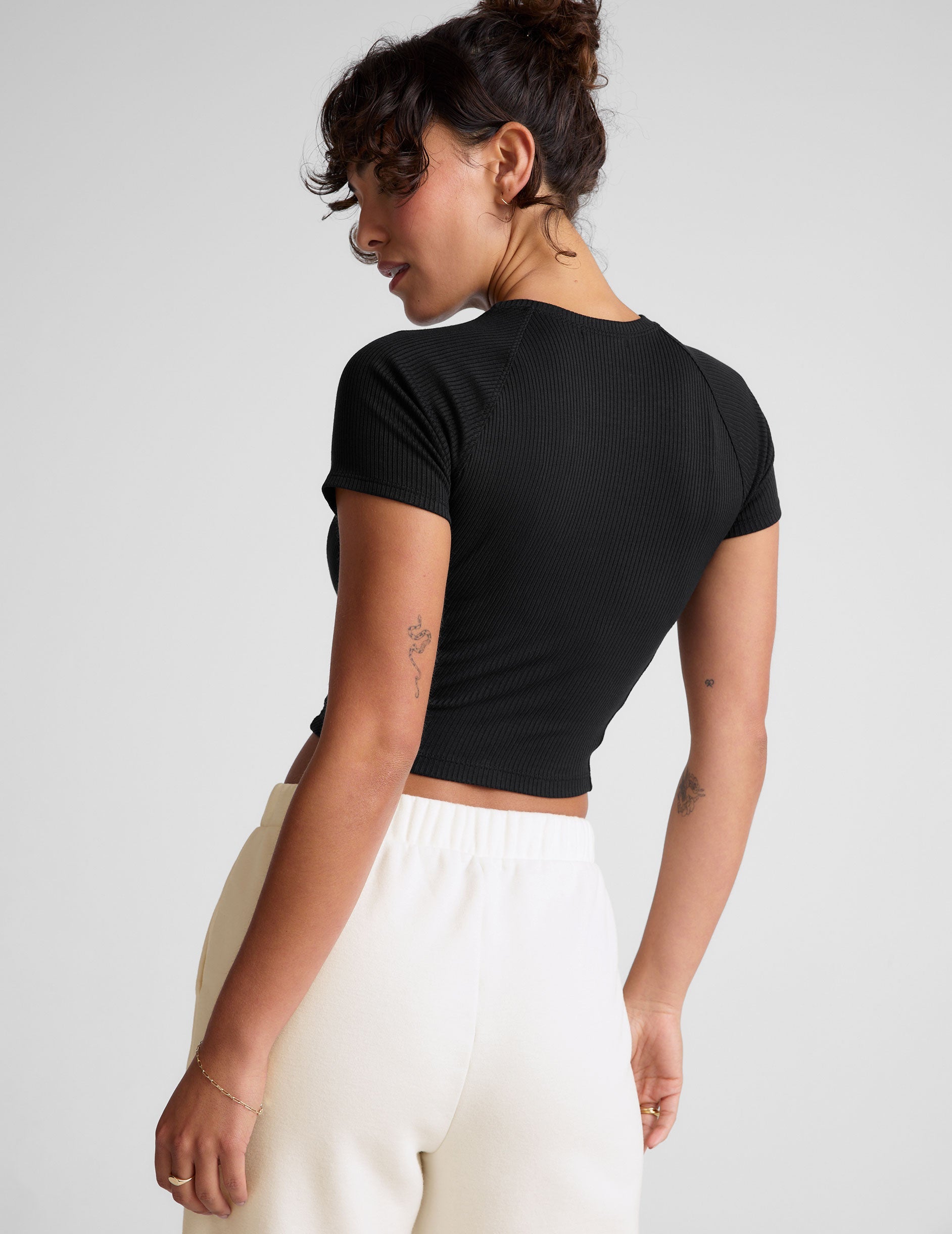 Soft Ribbed Cropped Tee: High Neck, Fitted, Flattering Black Top