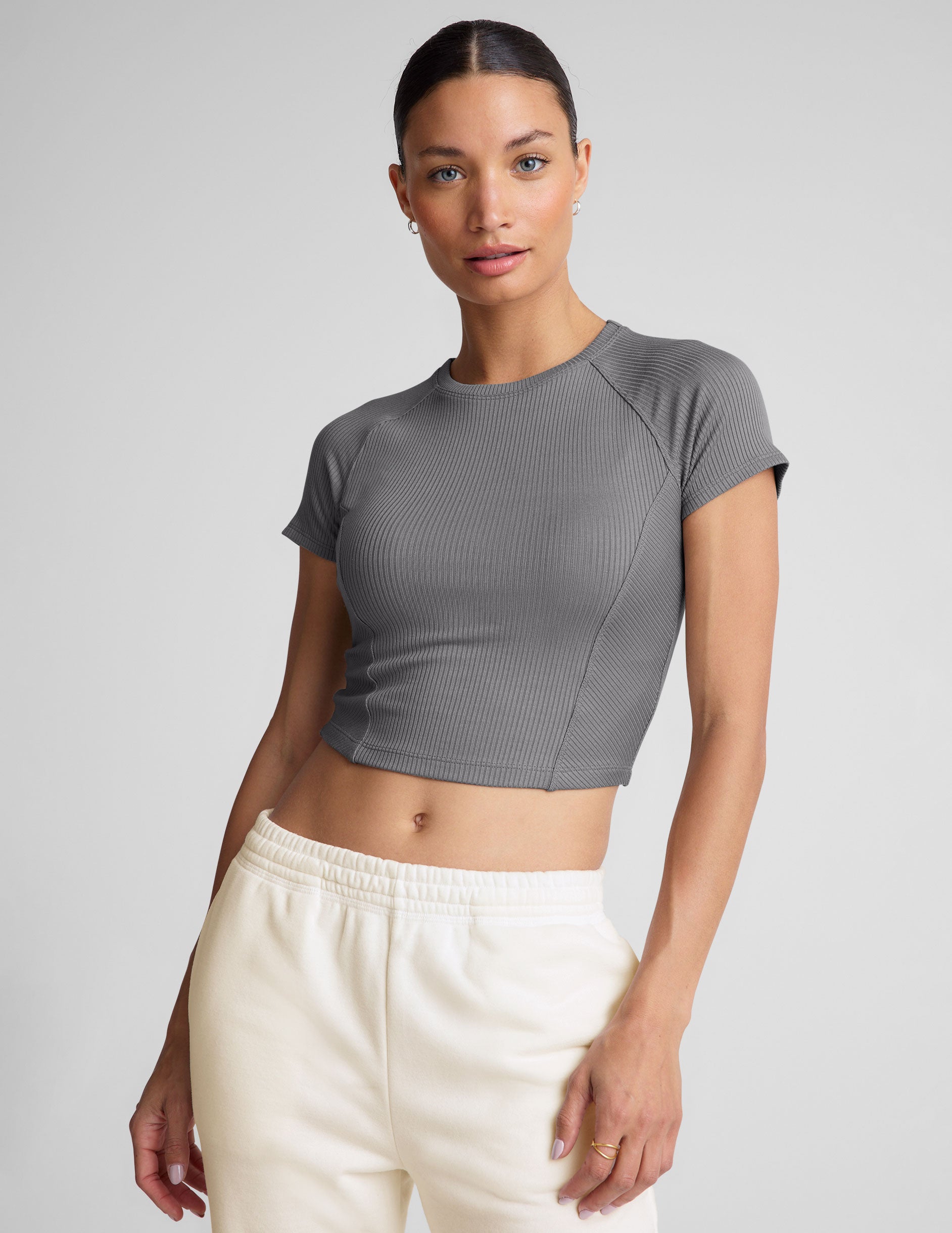 Women's Ribbed High-Neck Cropped Tee: Soft, Fitted, Flattering Activewear Top