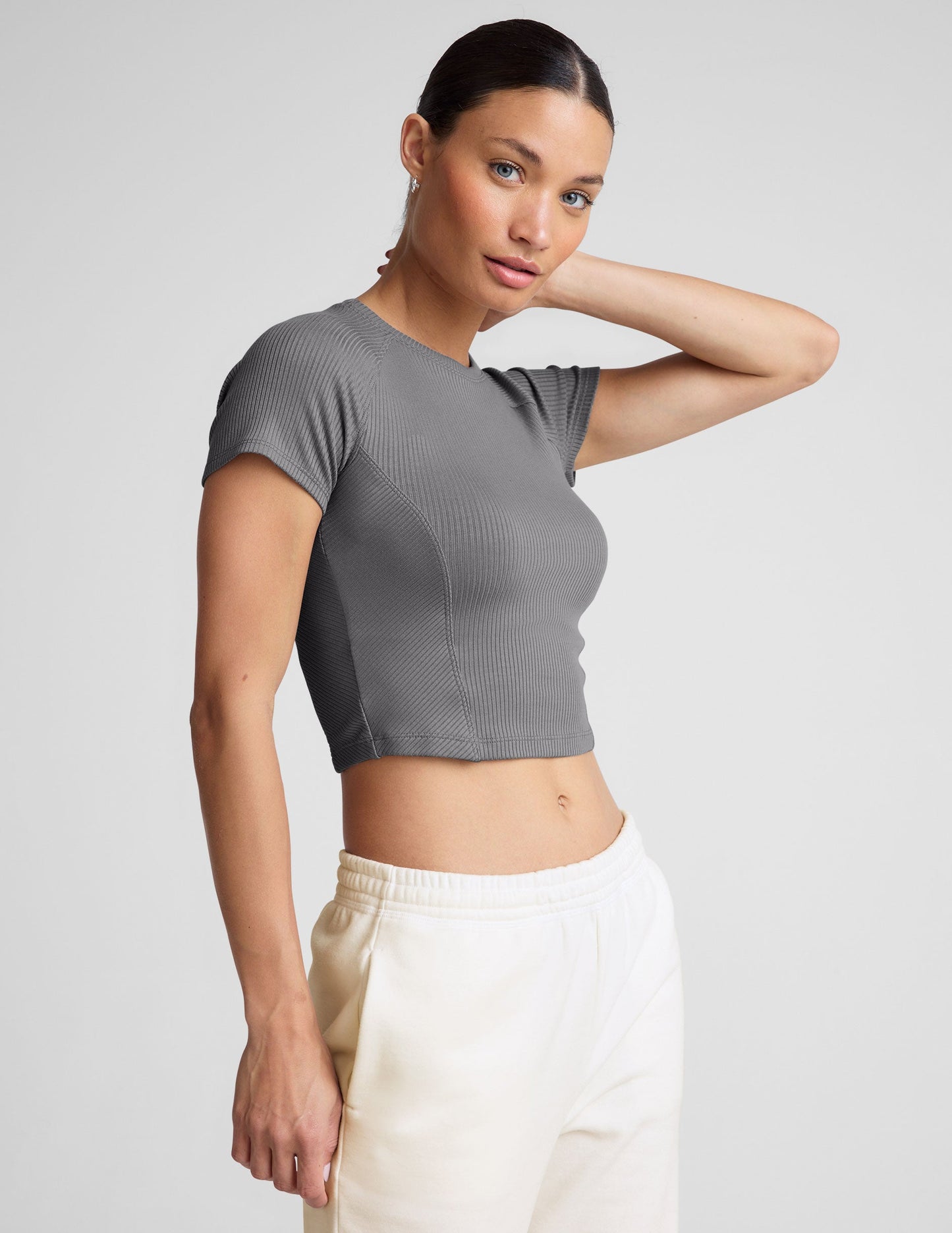 Soft Ribbed Cropped Tee: High Neck, Fitted, Flattering Athleisure Style