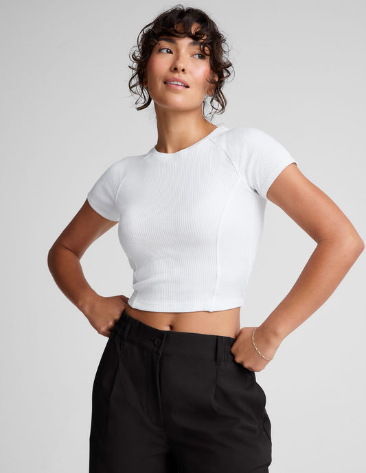Women's Ribbed High Neck Cropped Tee, Soft Fitted Silhouette Top White