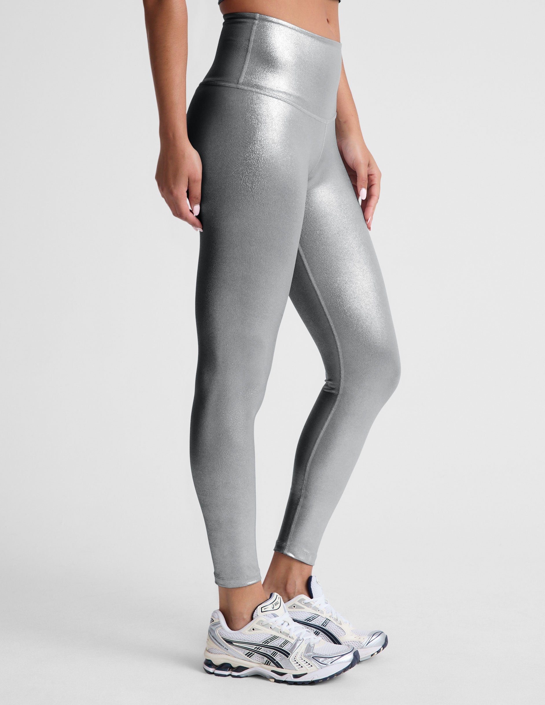 Liquid Silver Shimmering High Waisted Midi Leggings for Women
