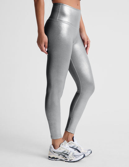 Liquid Silver Shimmering High Waisted Midi Leggings for Women
