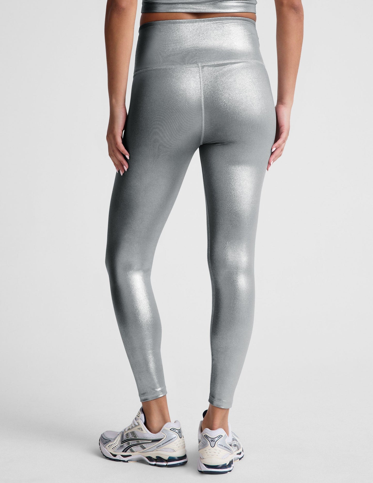 Liquid Silver Shimmering High Waisted Midi Leggings for Women