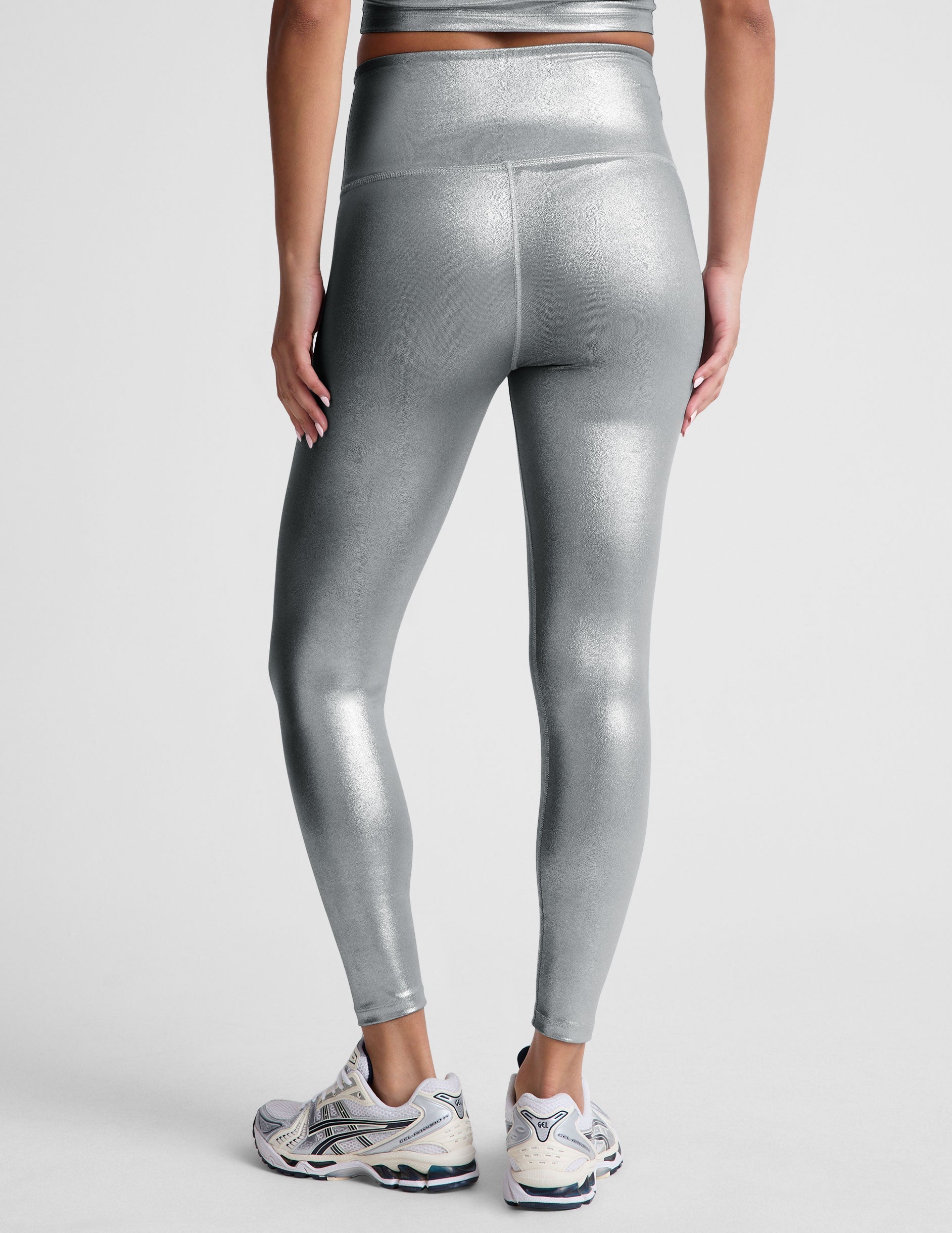 Liquid Silver Shimmering High Waisted Midi Leggings for Women