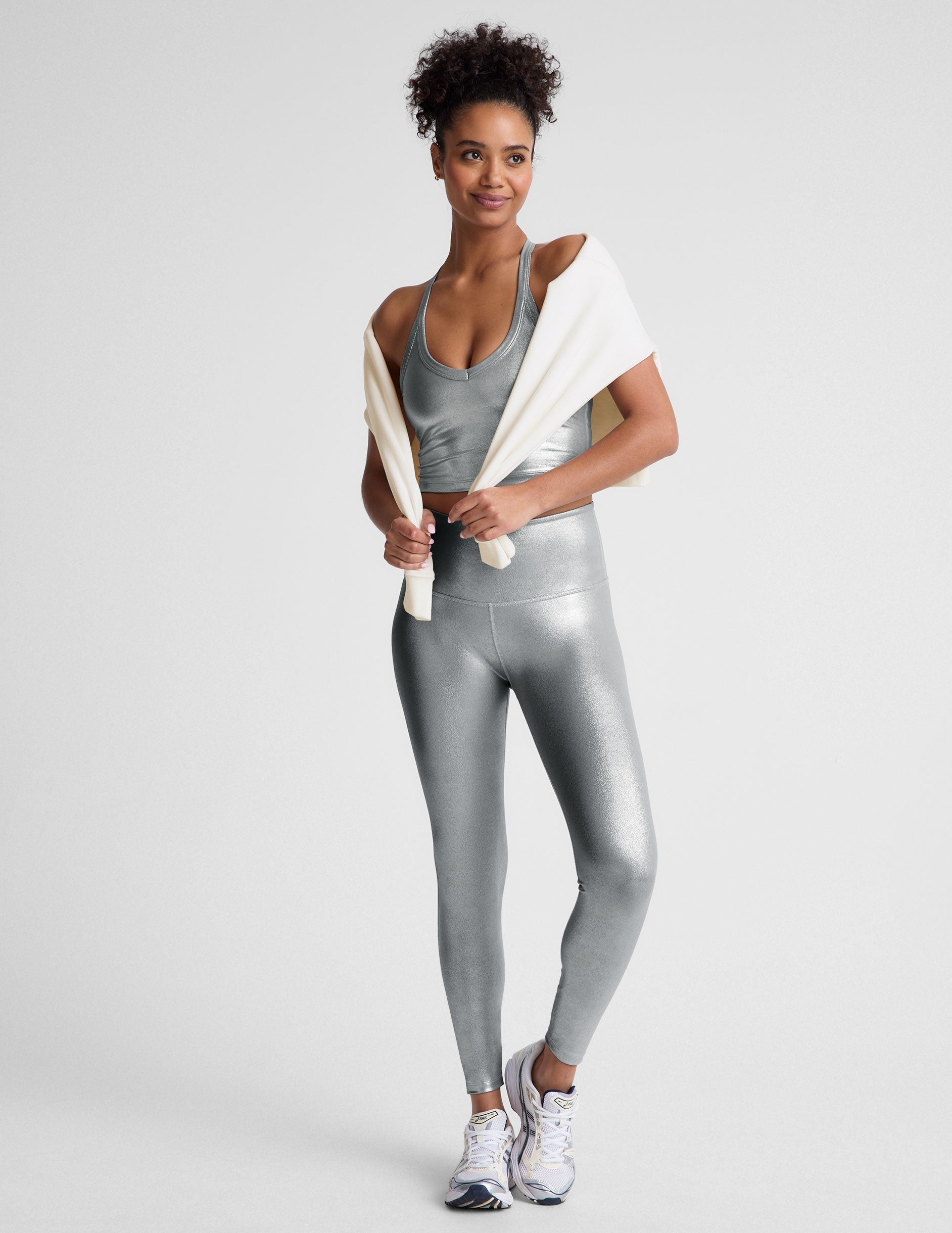 Shimmering Liquid Silver Cropped Tank: Racerback, V-Neck, Built-In Bra Performance Top