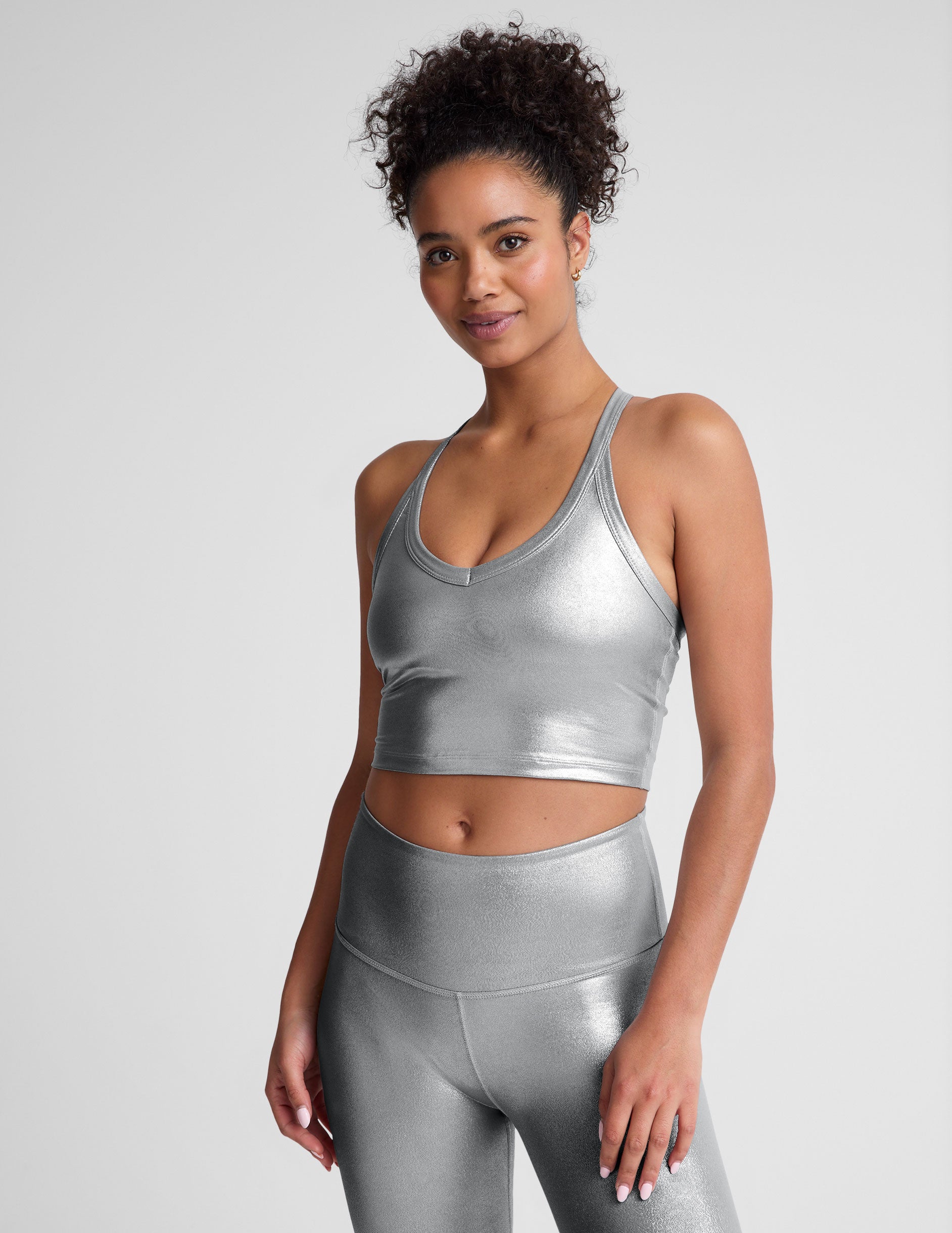 Shimmering Liquid Silver Cropped Tank: Racerback, V-Neck, Built-In Bra Performance Top