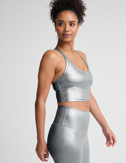 Shimmering Liquid Silver Cropped Tank: Racerback, V-Neck, Built-In Bra Performance Top