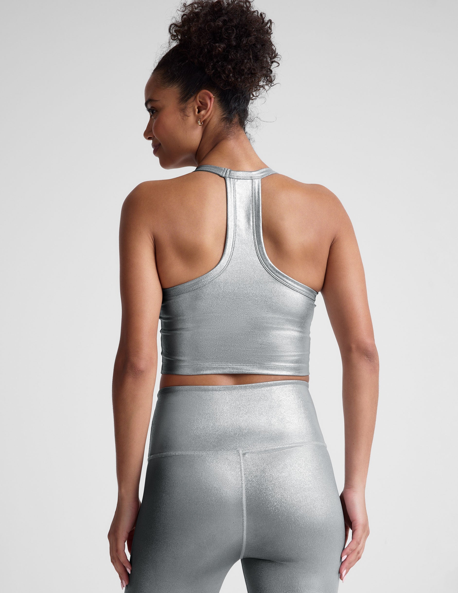 Shimmering Liquid Silver Cropped Tank: Racerback, V-Neck, Built-In Bra Performance Top
