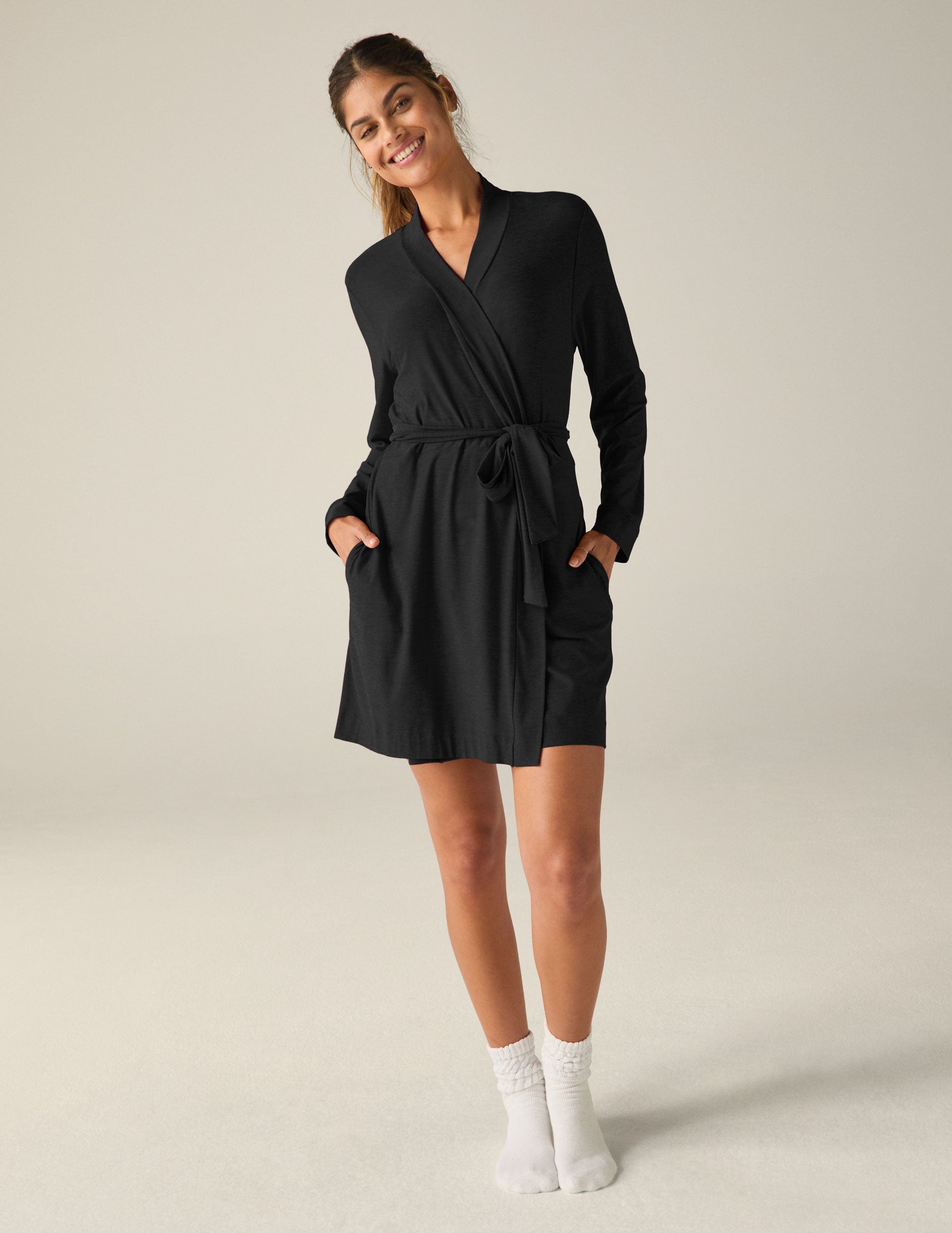 Featherweight Soft Pocket Robe for Cozy Slow Mornings Loungewear Black