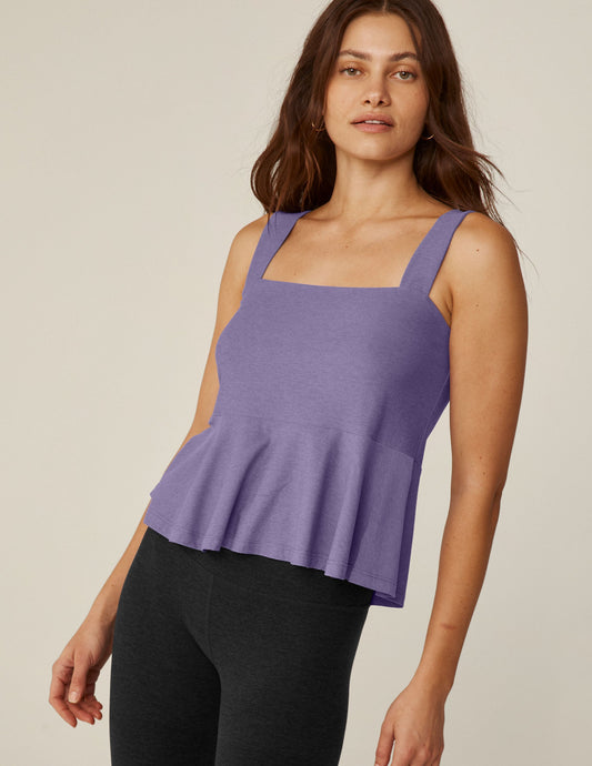 Featherweight Flounce Tank: Soft Indigo Heather Square Neck Peplum Top