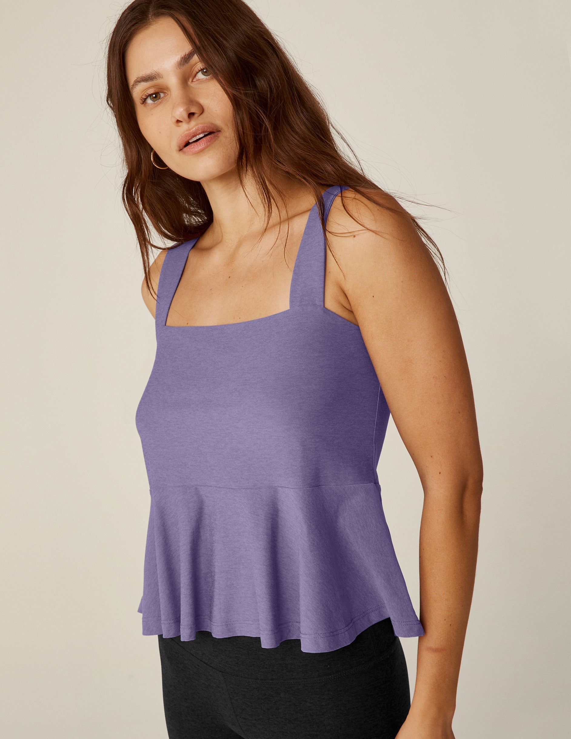 Featherweight Flounce Tank: Soft Indigo Heather Square Neck Peplum Top