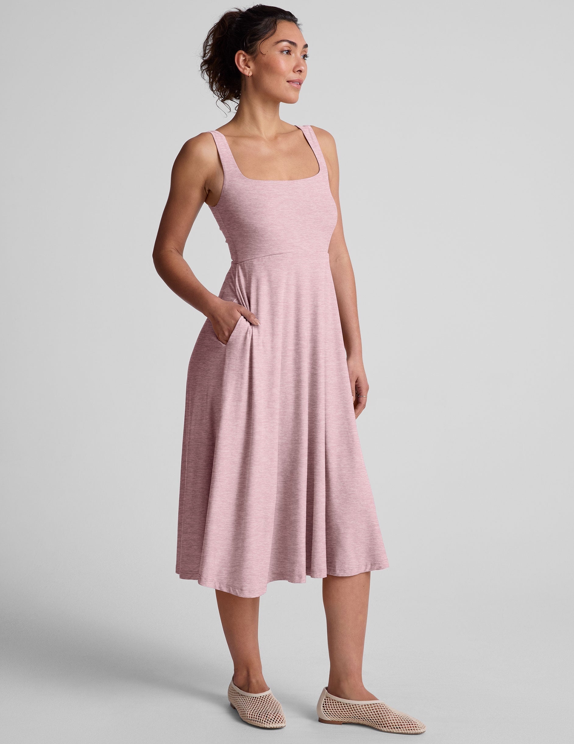 Featherweight Square Neck Midi Dress with Pockets - Lightweight Spacedye Comfort