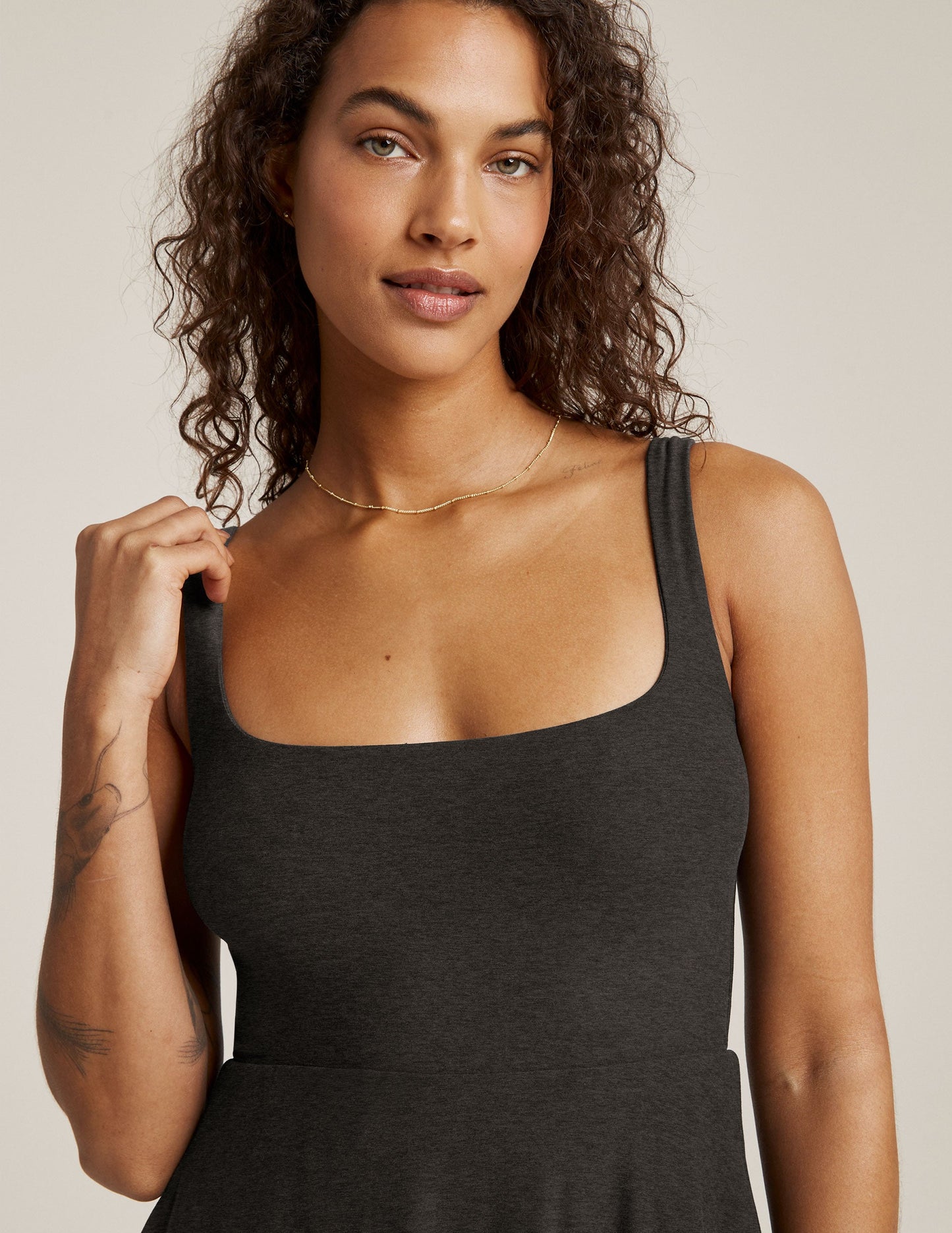 Effortlessly Chic Featherweight Spacedye Midi Dress with Square Neckline & Pockets