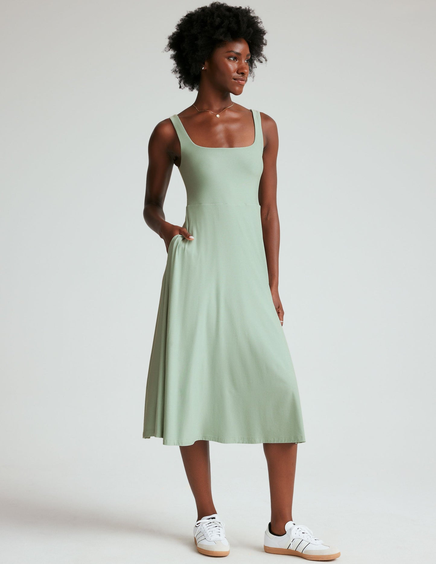 Featherweight Soft Midi Dress: Square Neck, Pockets, Effortless Everyday Style