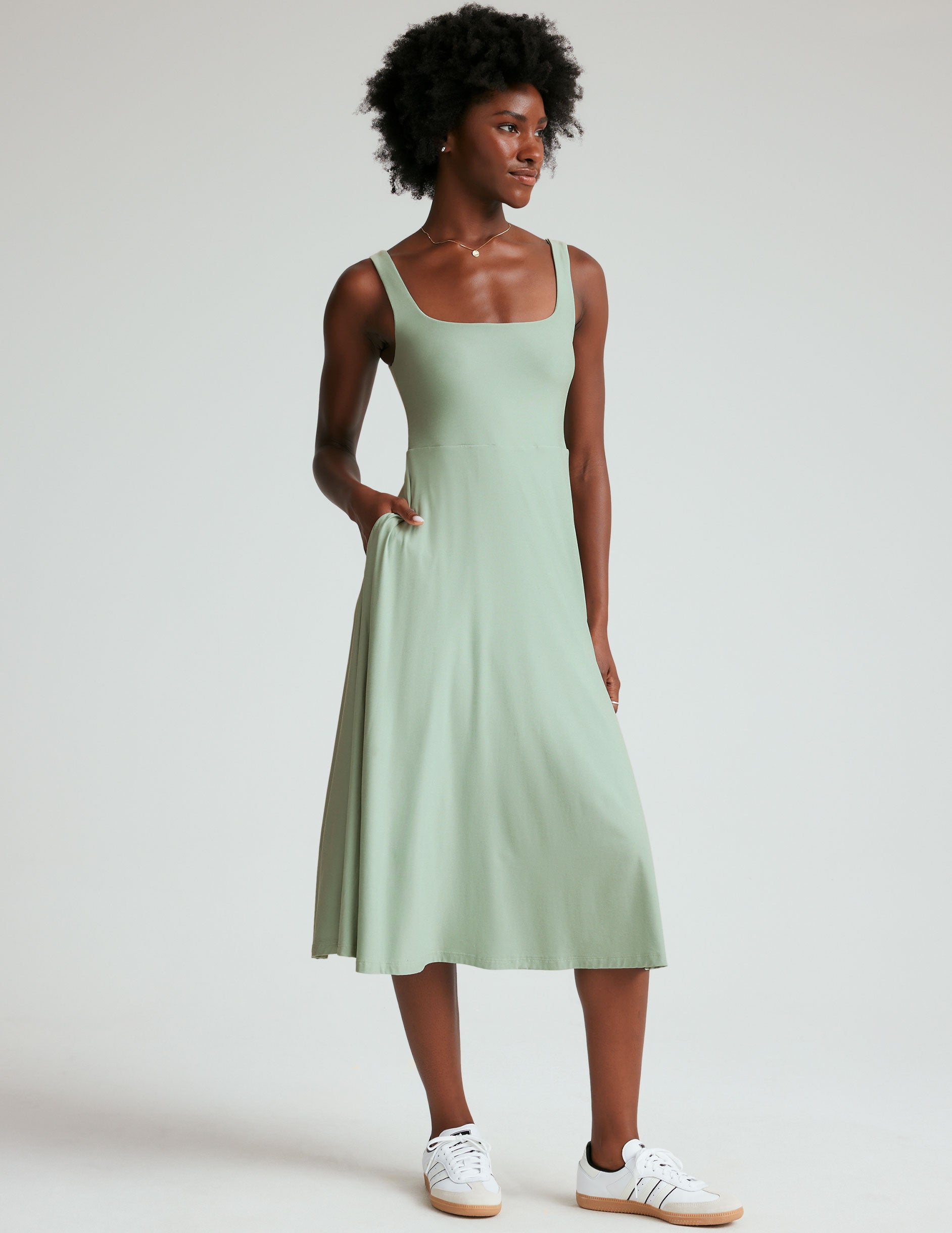 Featherweight Soft Midi Dress: Square Neck, Pockets, Effortless Everyday Style