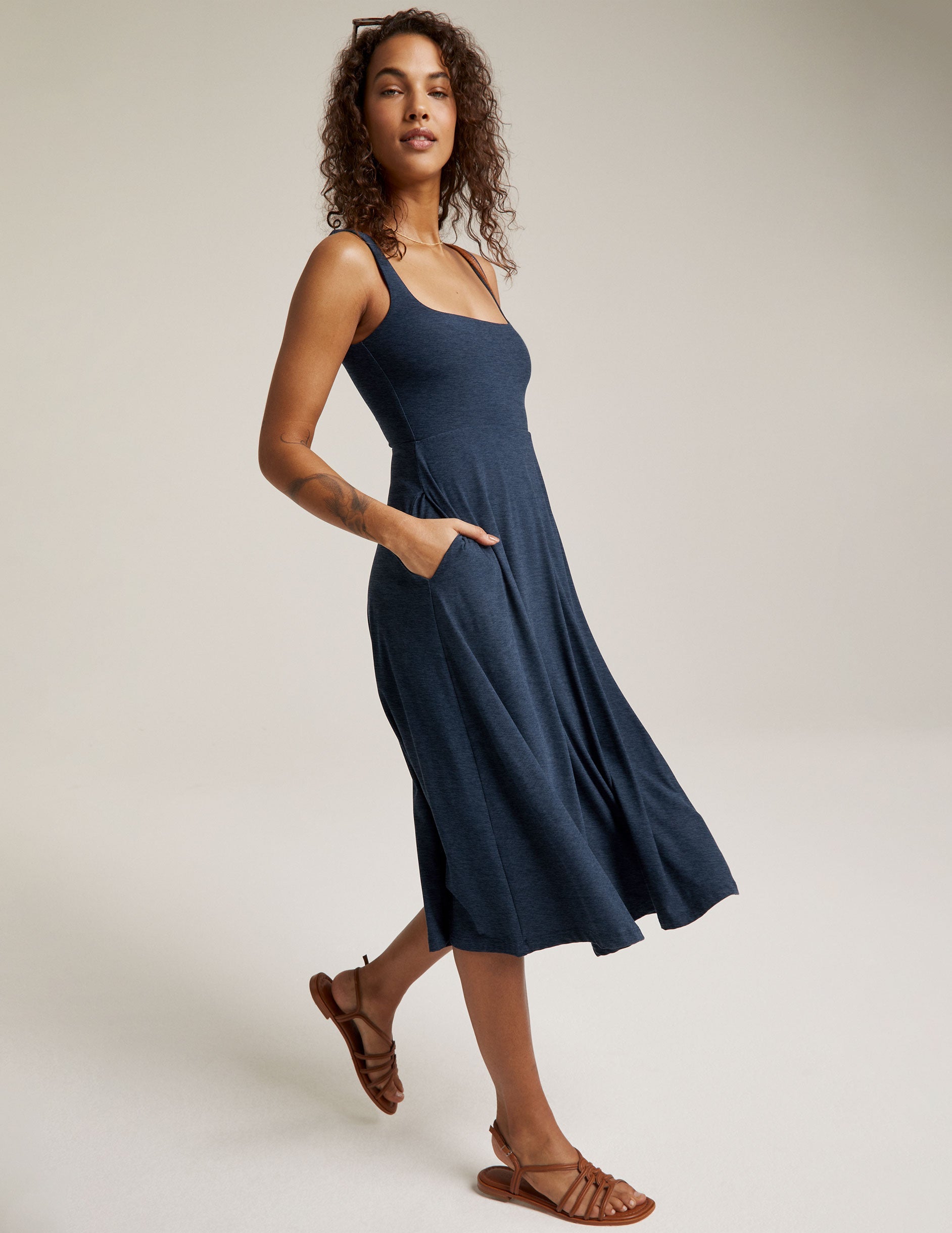Beyond Yoga Featherweight Square Neck Midi Dress with Pockets, Comfortable Sleeveless