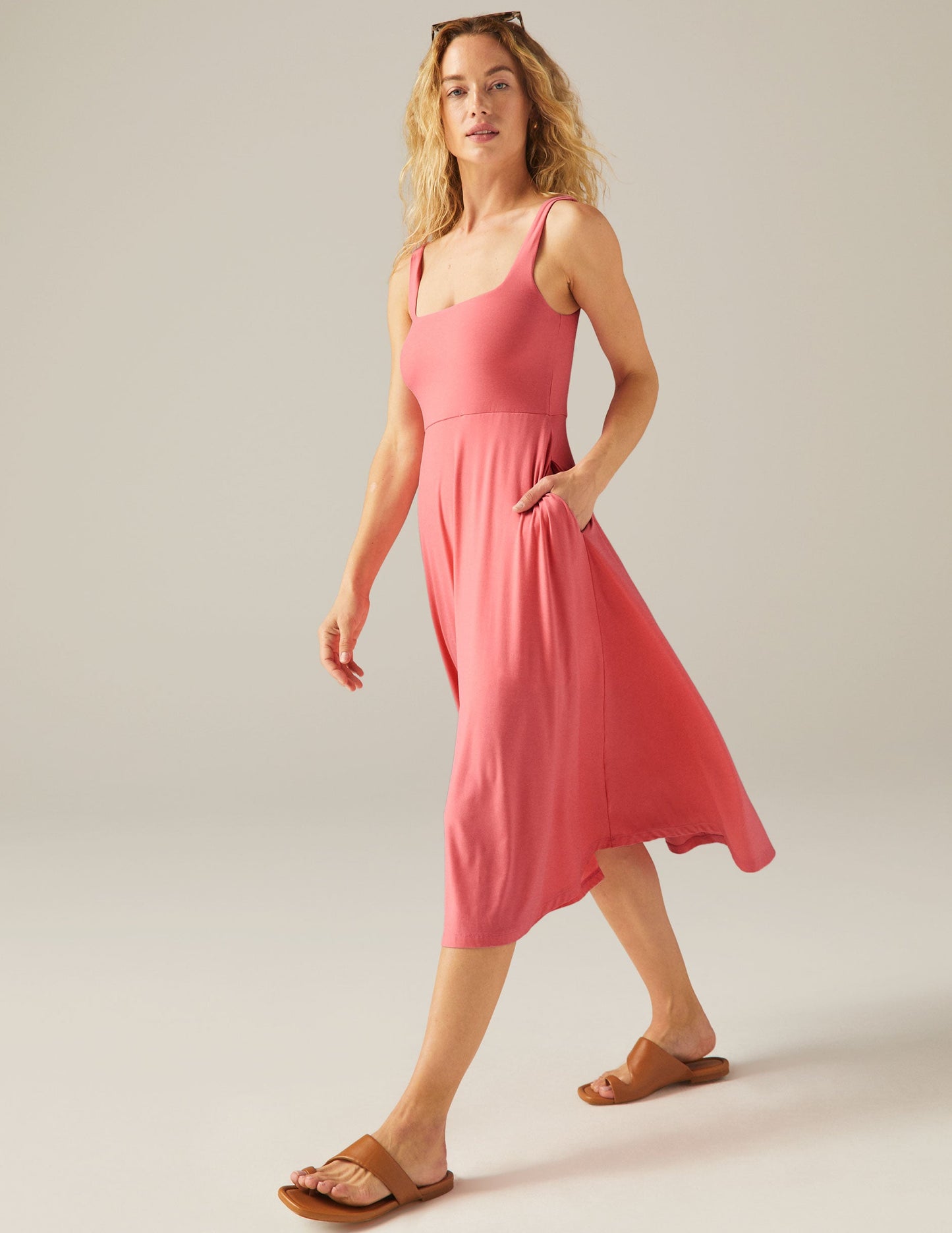 Featherweight Soft Square Neck Midi Dress with Pockets, Sun Kissed Coral