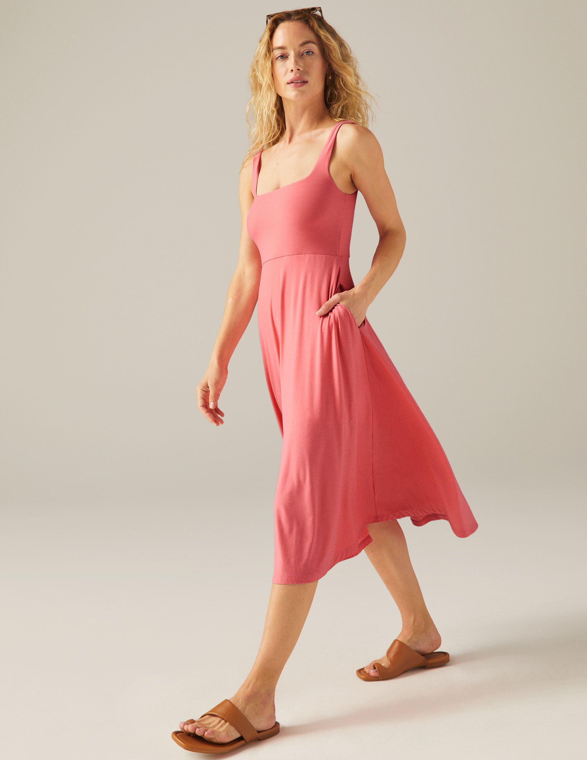 Featherweight Soft Square Neck Midi Dress with Pockets, Sun Kissed Coral
