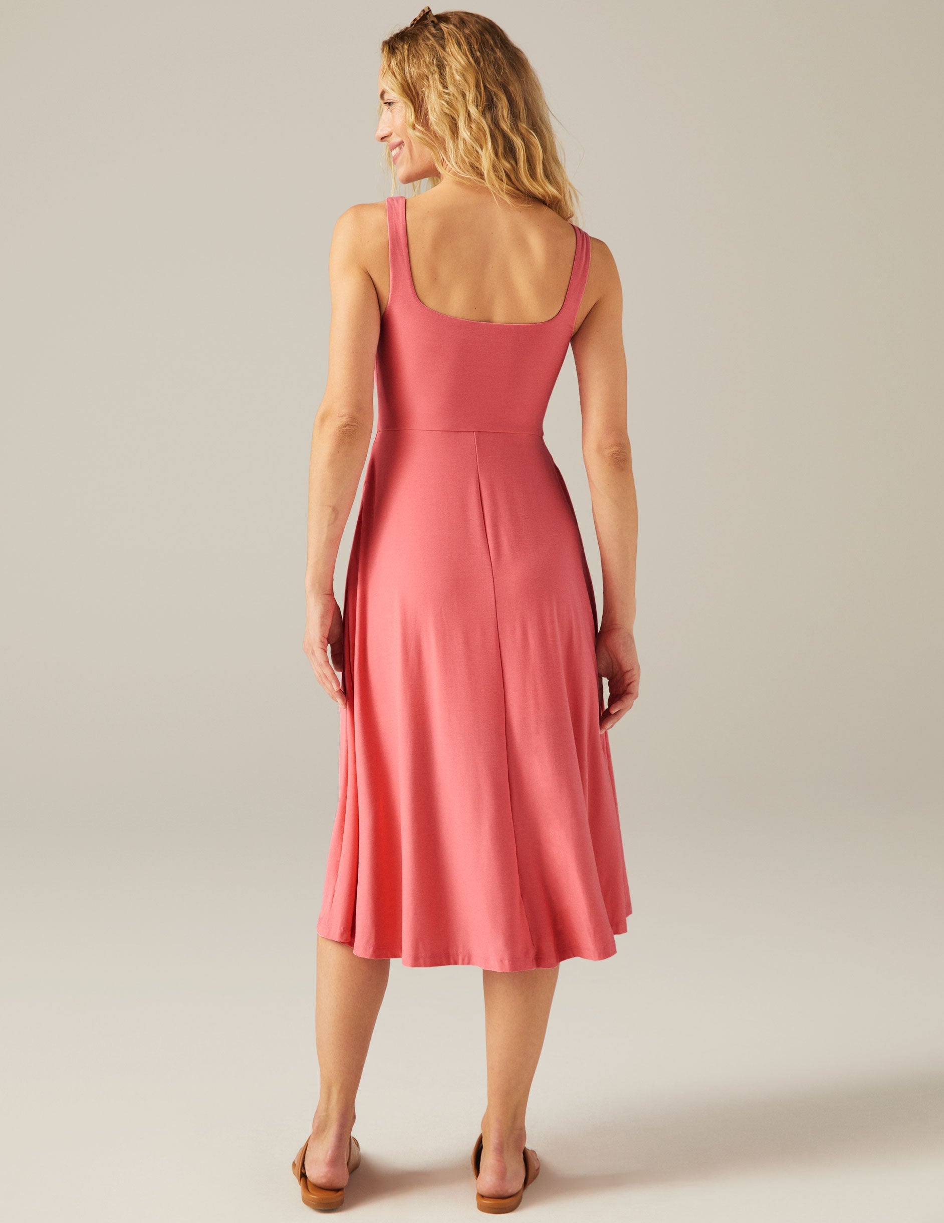 Featherweight Soft Square Neck Midi Dress with Pockets, Sun Kissed Coral