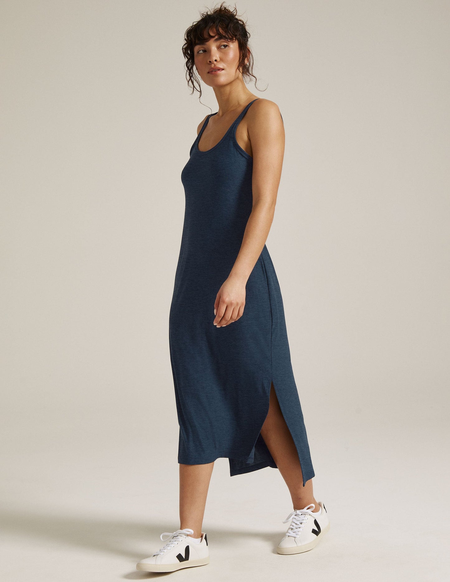 Ultra-Light Scoop Neck Midi Dress with Side Slits and High-Low Hem