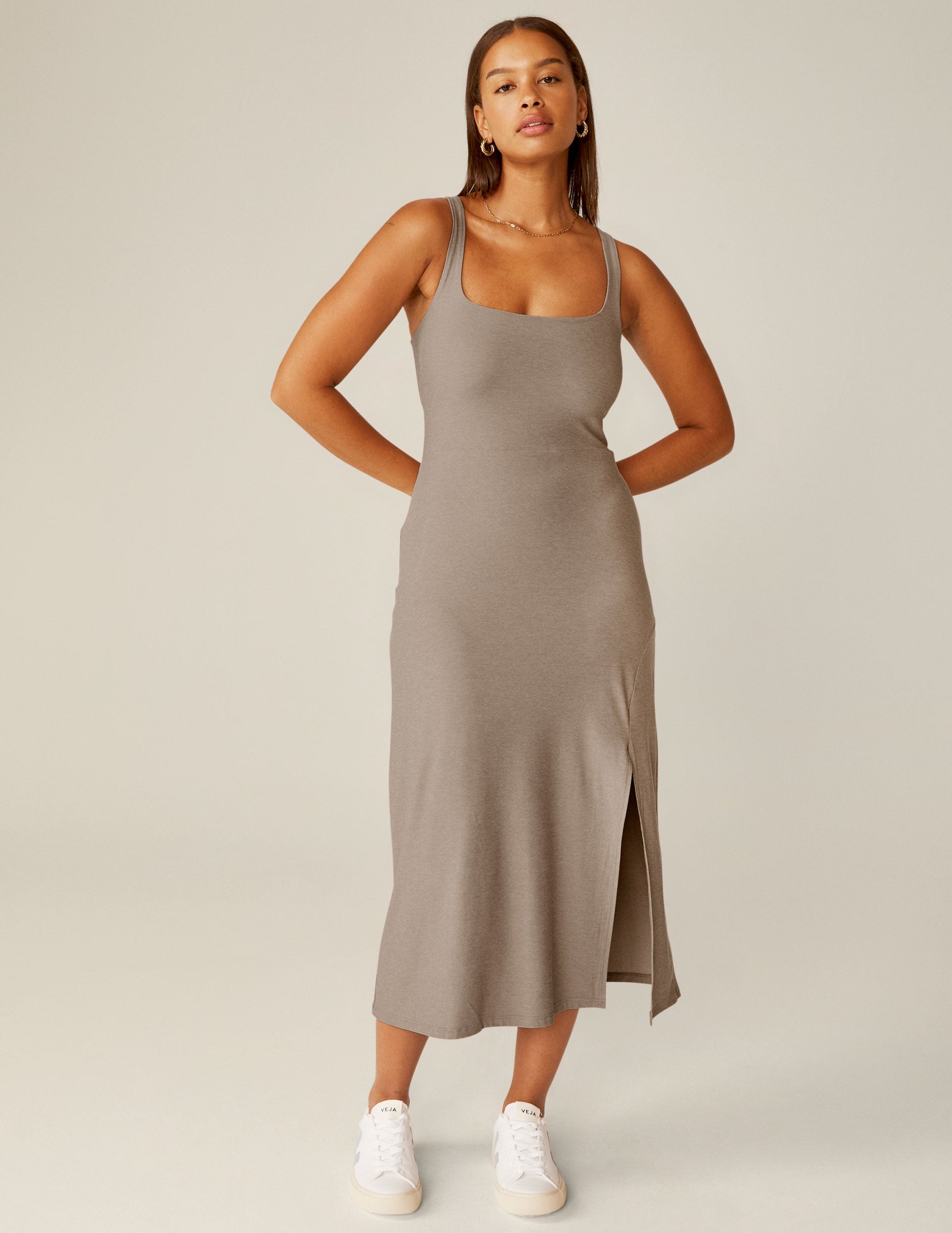Effortless Featherweight Square Neck Midi Dress with Side Slit Comfort