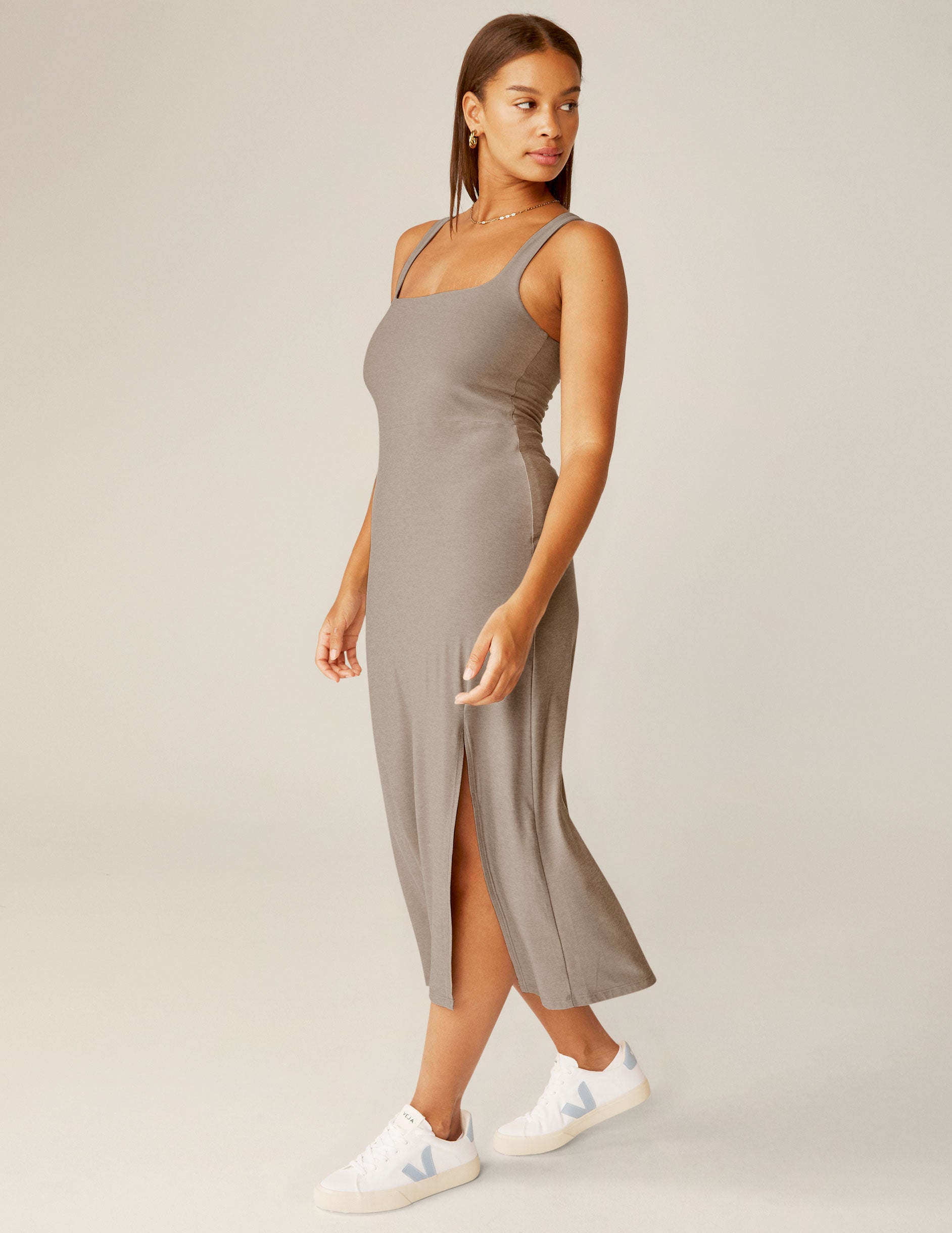 Effortless Featherweight Square Neck Midi Dress with Side Slit Comfort