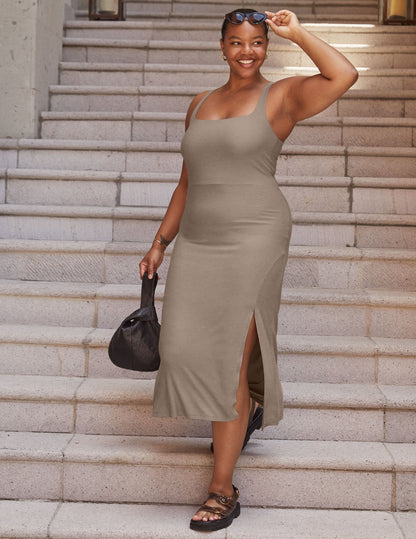 Effortless Featherweight Square Neck Midi Dress with Side Slit Comfort