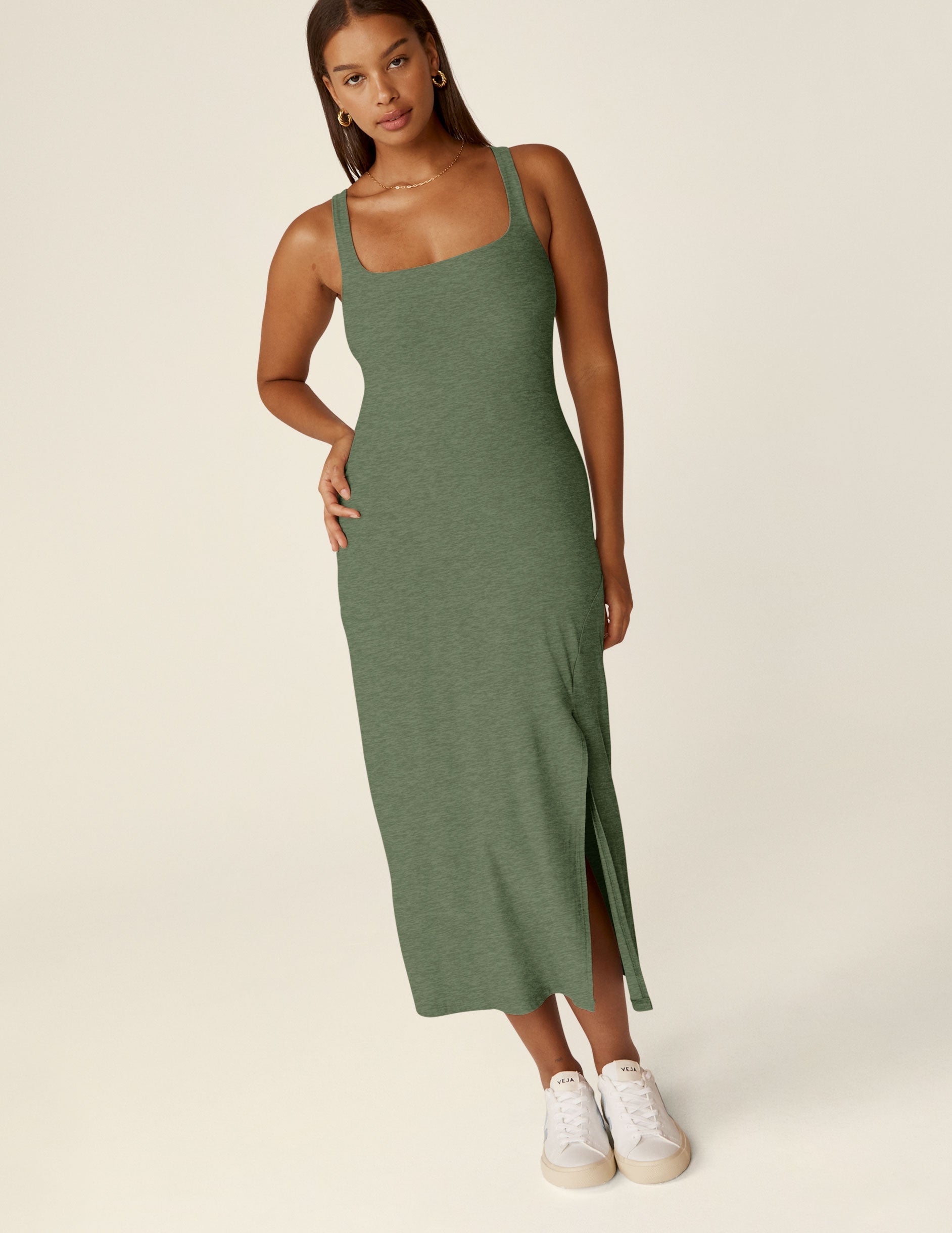 Featherweight Square Neck Midi Dress: Soft, Stylish, Versatile with Side Slit